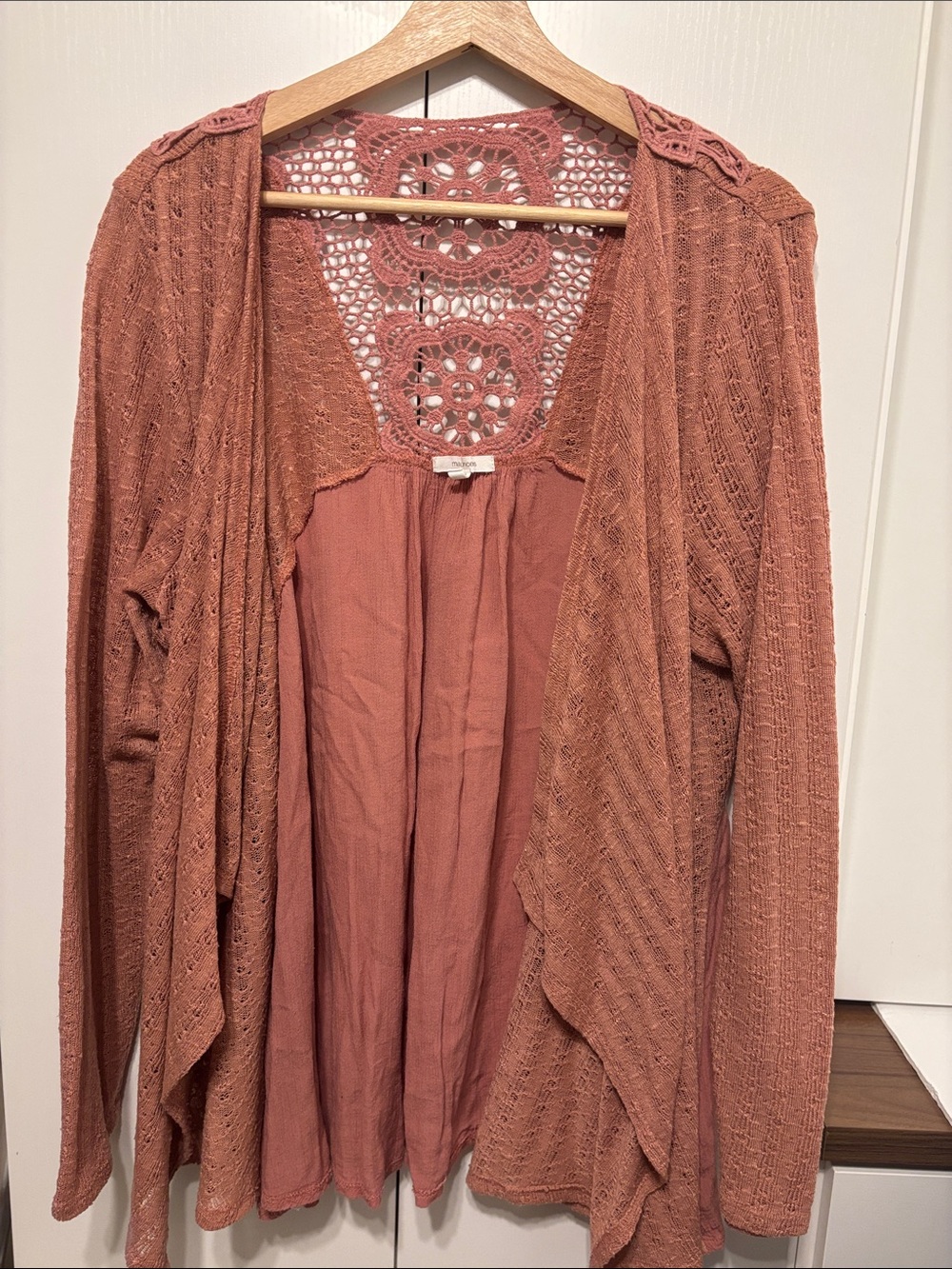 Crochet-Back Open Cardigan Sweater - Dusty Rose - XXL